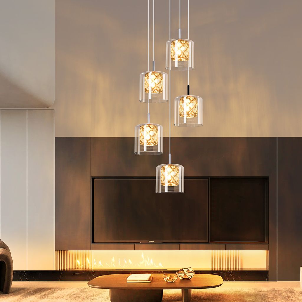 ZMH Pendellampe Esstisch 5 Flammig Pendelleuchte Glas Kristall Hängeleuchte 150CM Höheverstellbar G9 Modern Esszimmerlampe für Treppenhaus Wohzi...