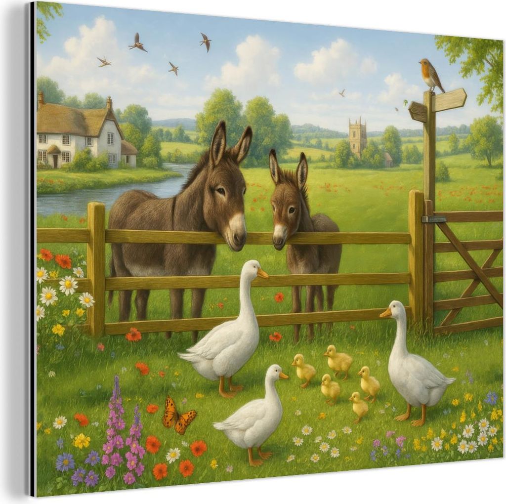 MuchoWow Wanddekoration Metall Metallbild Wandkunst 40x30 cm Esel - Gänse - Farbenfroh MuchoWow Aluminium Gemälde - Dekoration Wohnzimmer