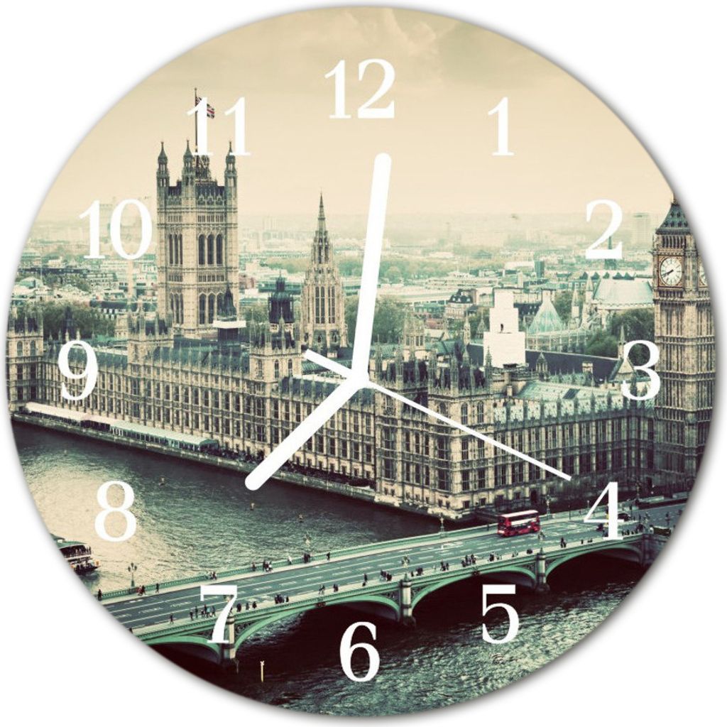 Glasuhr Wanduhr Küchenuhr Echt-Glas 30fi cm London grau