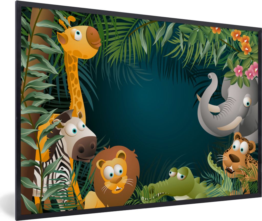 MuchoWow MuchoWow Gerahmtes Poster Farben - Dschungeltiere - Blätter - Mädchen - Jungen - Kinder 60x40 cm - Poster mit zchwarzem Bilderrahmen...