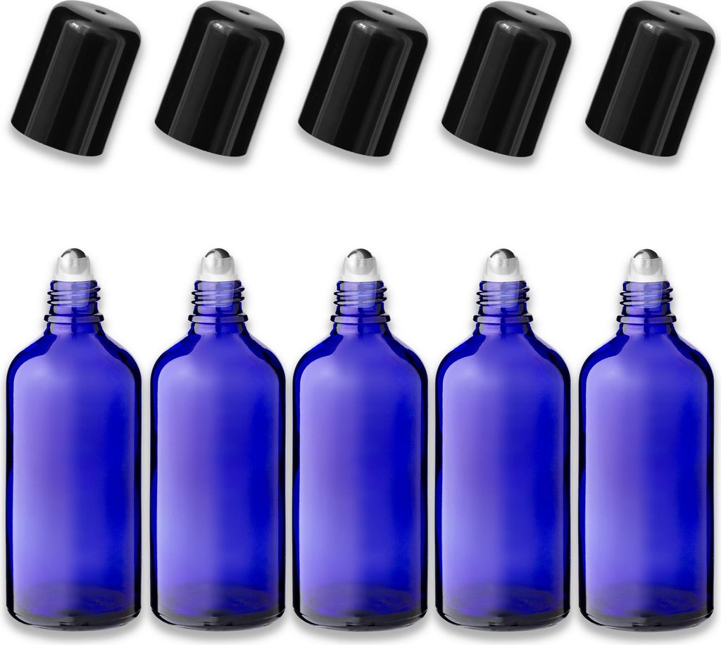 5x Blaue Glasflasche 100 ml Roll-On mit schwarzem Produktbild 