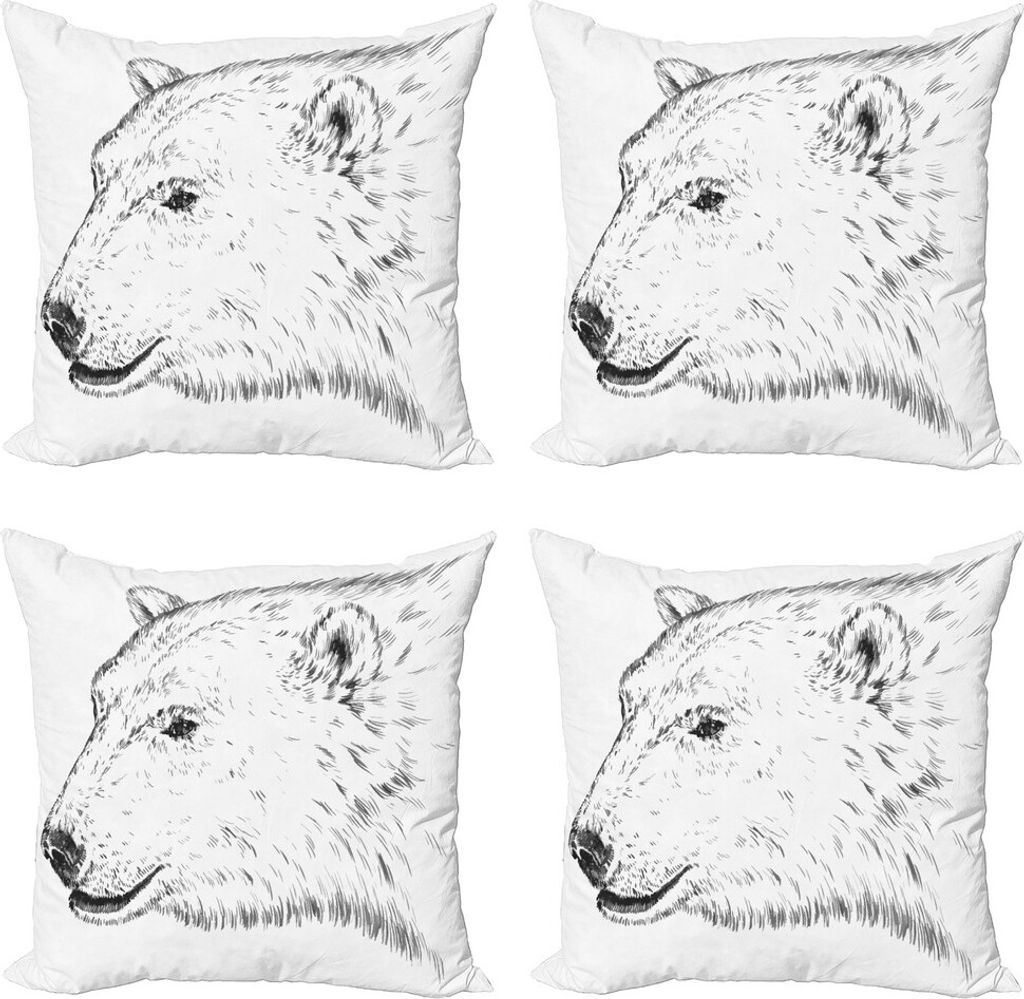 ABAKUHAUS Tier Kissenbezug Set (4 Stück), Eisbär-Gesicht Sketchy, Moderner Doppelseitiger Digitaldruck, 40 cm x 40 cm, Charcoal Grau Weiß
