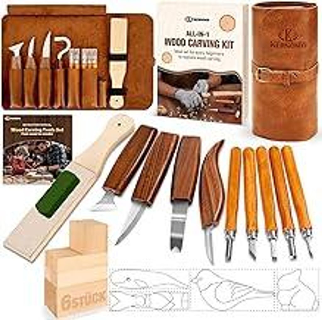 Holzschnitzwerkzeuge, 22-teiliges Holzschnitzerei-Set mit PolyurethanAufbewahrungstasche, mit 9 Schnitzmessern, schärfstein & PolyurethanTasche, S...