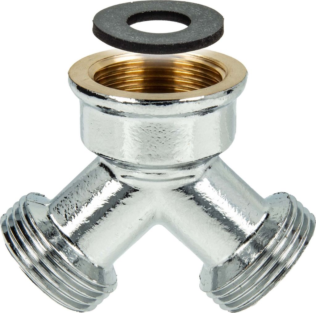 A chrome-plated brass Y-splitter with a black rubber washer.