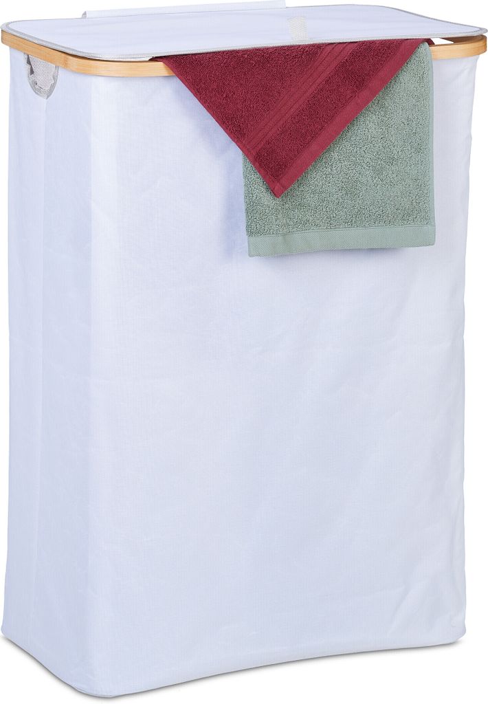 Relaxdays Wäschekorb mit Deckel, 105 l, Wäschesammler, Bambus & Polyester, faltbar, tragbar, Wäschekiste, weiß/natur