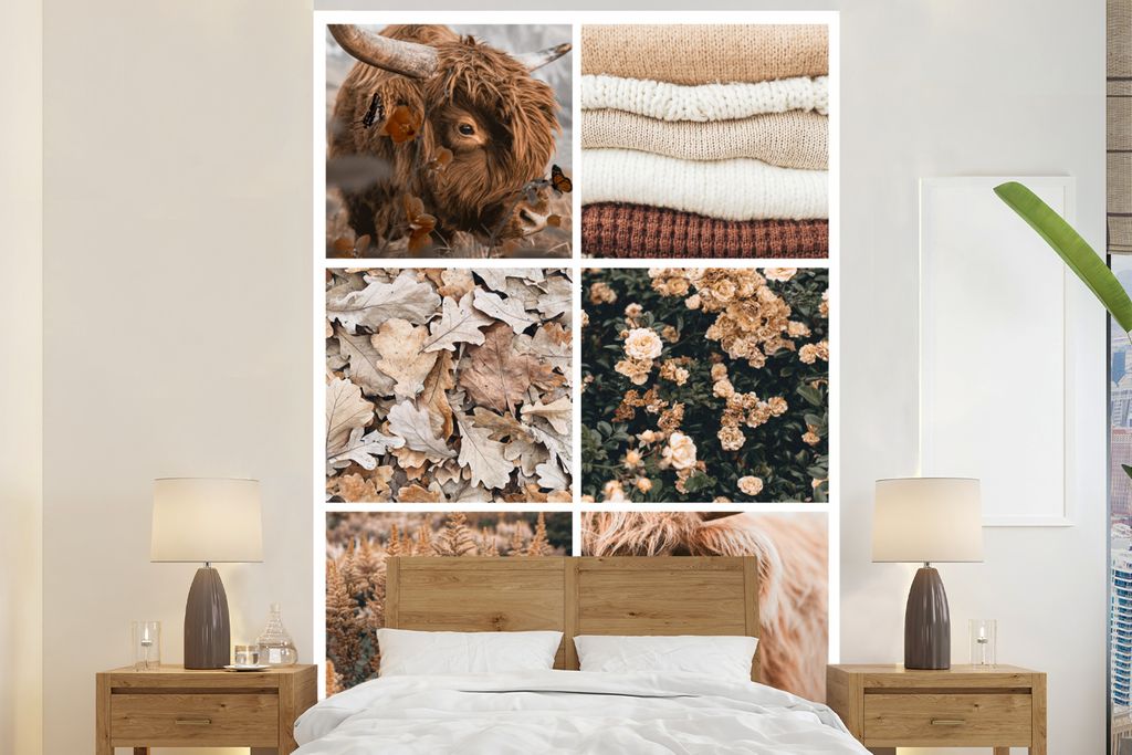 MuchoWow Fototapete für Wohnzimmer oder Schlafzimmer Wandtapete Vinyl Motivtapete Schottischer Highlander - Herbst - Collage - 200x300 cm - Wand...
