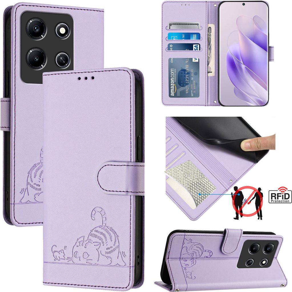 Leder Hülle für Infinix Note 30i Süße Katze Flip Case Brieftasche Schutzhülle mit Standfunktion Lila