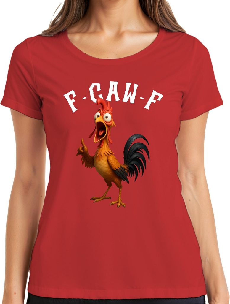 F-GAW-F lustiges Huhn Cartoon Hahn Bauernhof Geschenk Meme Spruch Damen T-Shirt, Rot, L