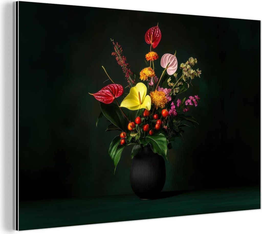 MuchoWow Wanddekoration Metall Metallbild Wandkunst 150x100 cm Blumen - Vase - Schwarz MuchoWow Aluminium Gemälde - Alu Dibond Bild