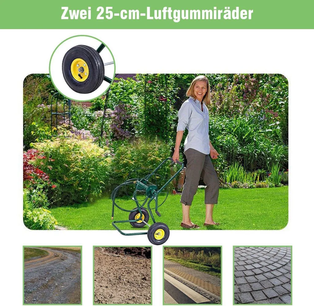 Chariot porte-tuyau de 61m en métal vert pour grand jardin et pelouse - 4