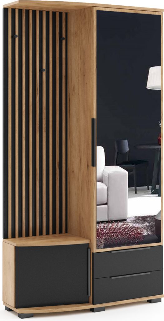 A hallway furniture unit with a mirror and storage.
