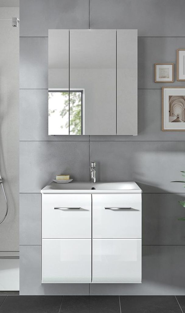 Badmöbel-Set 2-teilig in weiß mit weiß Hochglanz, mit Spiegelschrank & 60 cm Waschtisch - IGGESUND-158