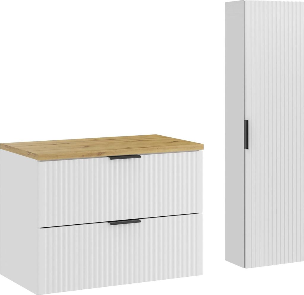 Modernes Badezimmer-Set 80 Cm, Mattweiß Mit Waschtischplatte In Eiche Artisan