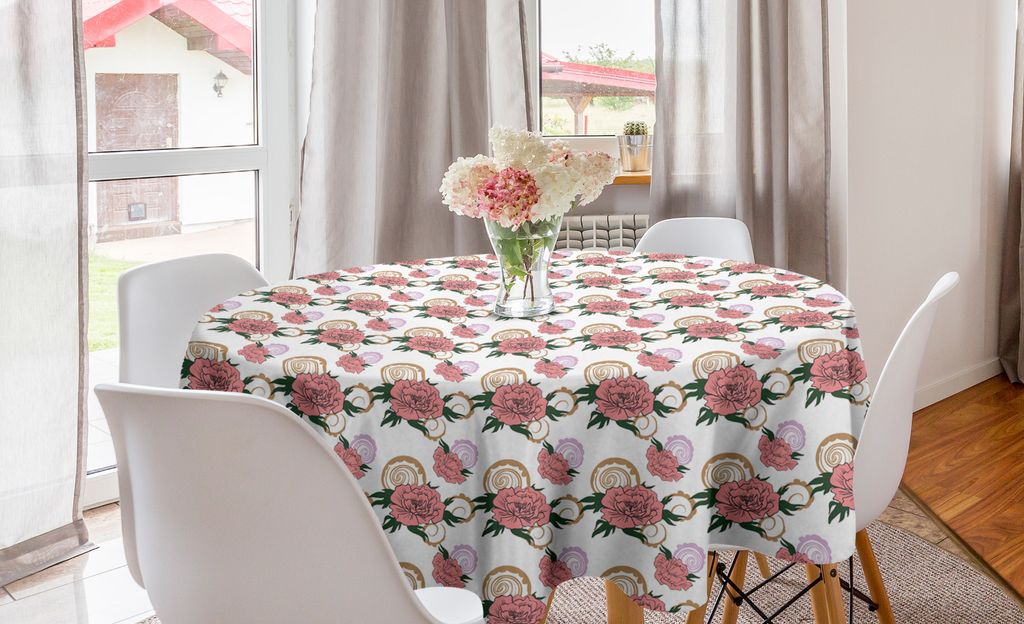 ABAKUHAUS Blumen Runde Tischdecke, Romantischer Entwurf Pfingstrosen, Kreis Tischdecke Abdeckung für Esszimmer Küche Dekoration, 150 cm, Weiß un...