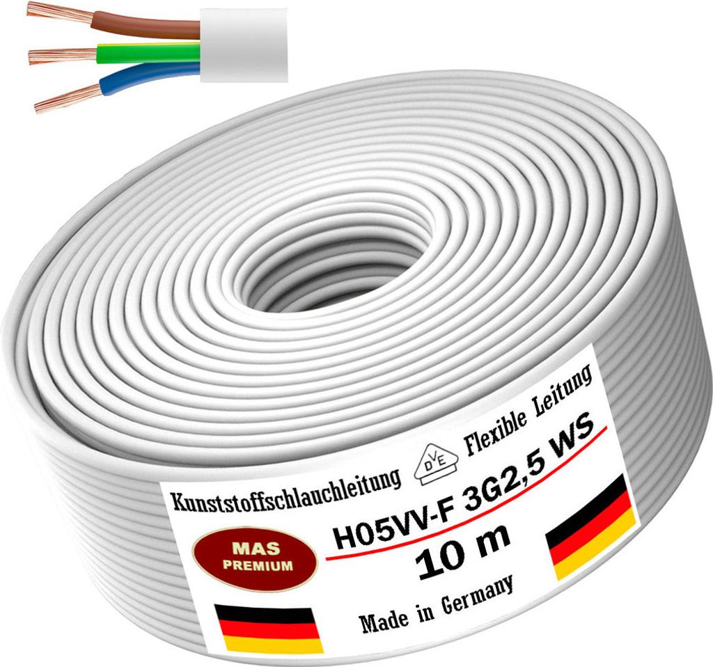 10m Kunststoffschlauchleitung H05VV-F 3G2,5 Weiß Flexible Leitung Gerätekabel