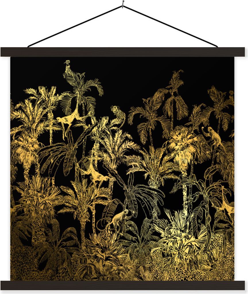 MuchoWow Textilposter Dschungel - Gold - Schwarz 120x120 cm mit schwarzem Rahmen - Aufhängungsset