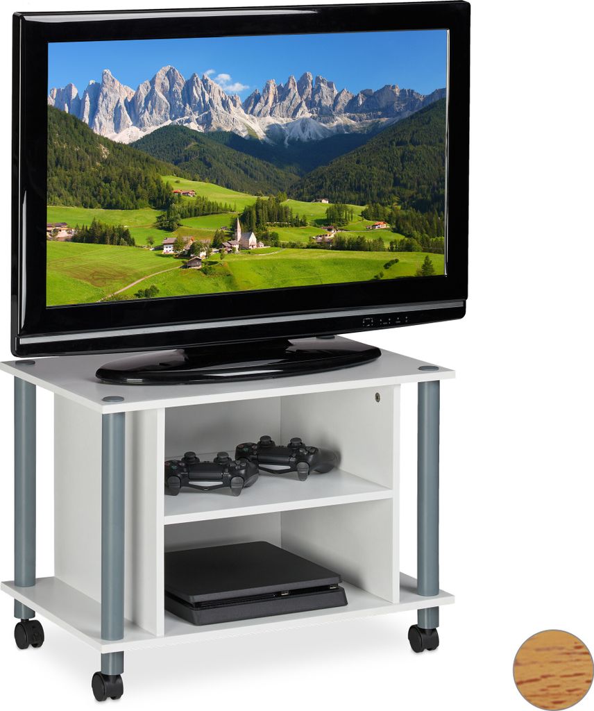 Relaxdays TV Tisch mit Rollen, 2 Fächer, Fernseher Ablage, Produktbild 