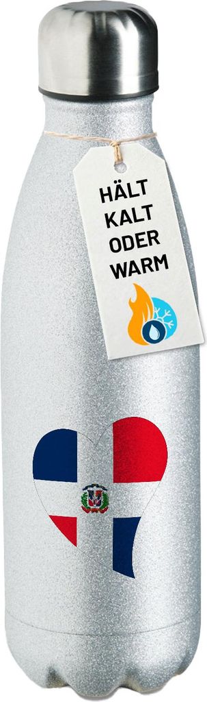 Huuraa Trinkflasche Dominikanische Republik Flagge Herz 500ml Silver Edelstahl Wasserflasche Trinkflasche Geschenkidee