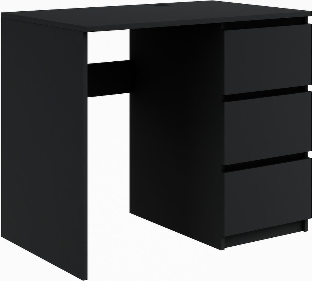 A black desk with three drawers on the right side, shown from a slightly elevated angle.
