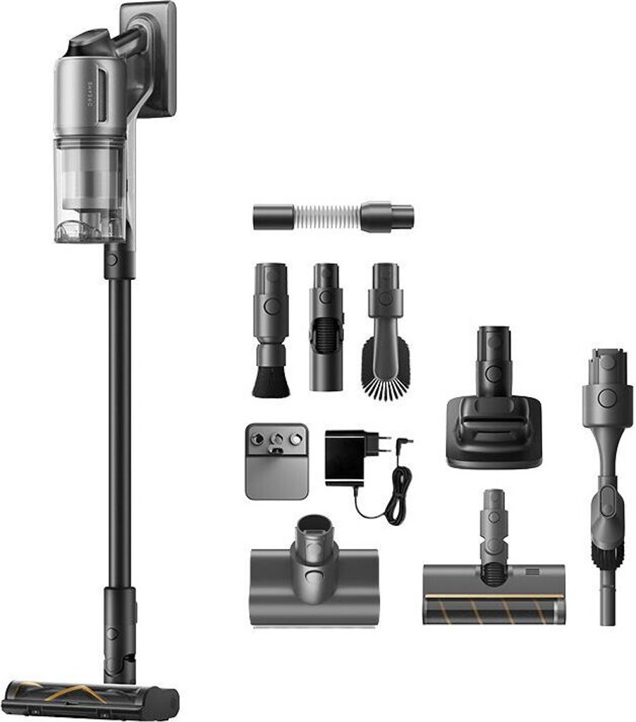 A display of a cordless vacuum cleaner and its various attachments, neatly arranged against a white background.