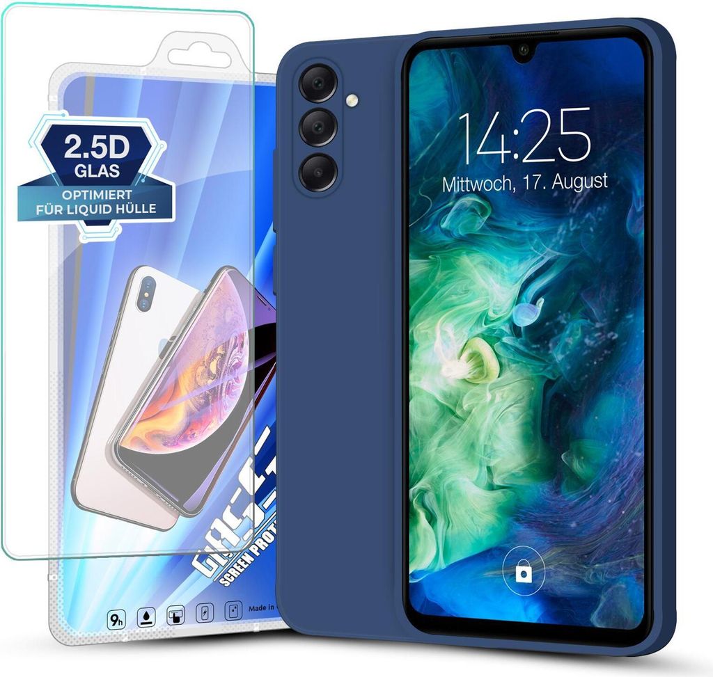 A blue phone case and screen protector are displayed next to a smartphone.