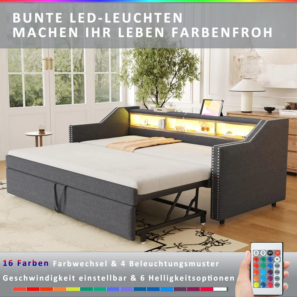 Lit Gigogne 90x190/180x190 OKWISH Lit Capitonné avec Port USB Gris Foncé