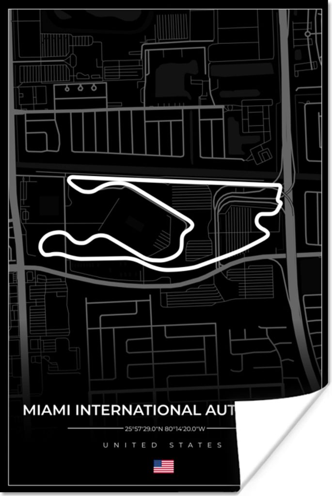 MuchoWow Poster Rennstrecke - Vereinigte Staaten - Formel 1 - Miami International Autodrome - Rennstrecke - Schwarz 80x120 cm - Papierdruck