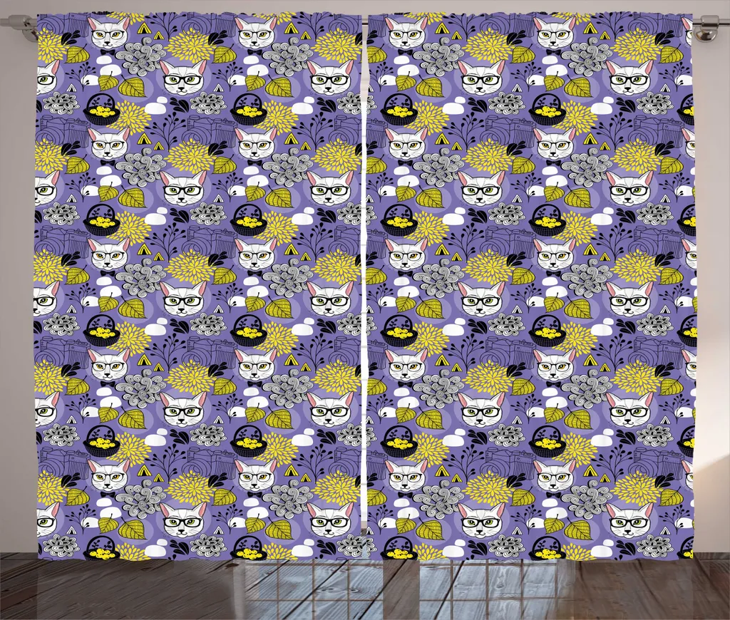 Rideau de salon multicolore motif chat intelligent 280x225 cm style rustique