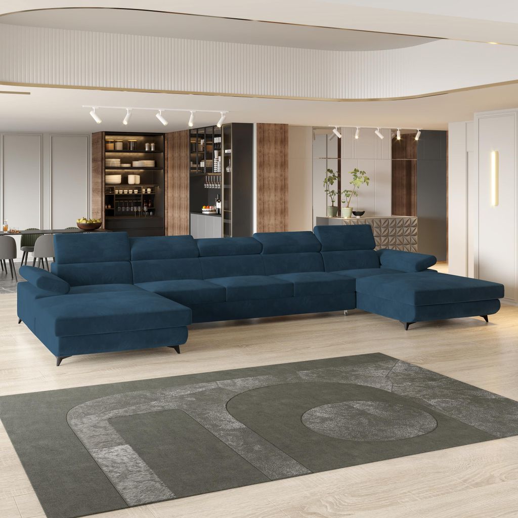 Masseno Ecksofa VIVENTE mit Schlaffunktion U-Form, Sofa mit Bettkasten, Wohnzimmersofa, Couch, Soffa, Bettsofa, Couchgarnitur- Blau, MONOLITH 77