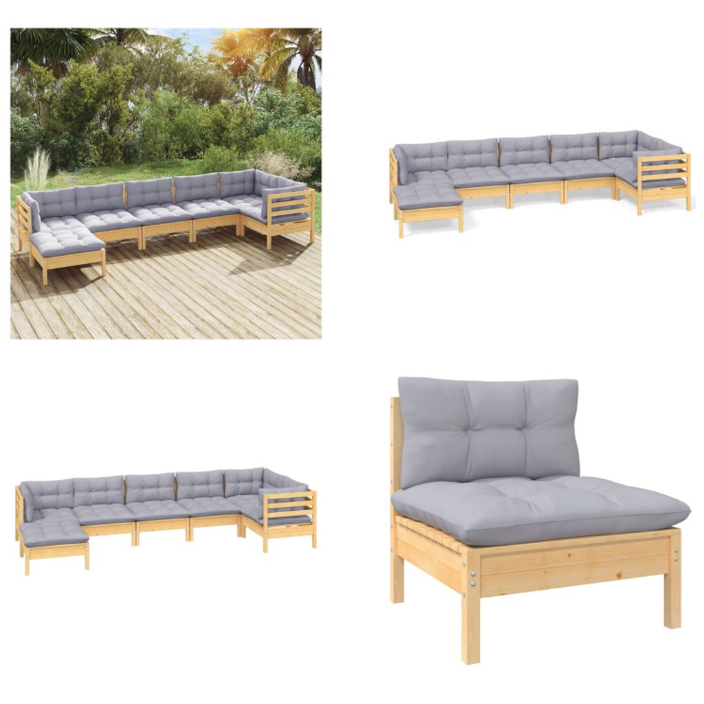 vidaXL 7 tlg. Garten Lounge Set mit Grauen Kissen Kiefer Massivholz - Garten-Lounge-Set - Garten-Lounge-Sets - Gartenmöbel-Set - Gartenmöbel-Sets