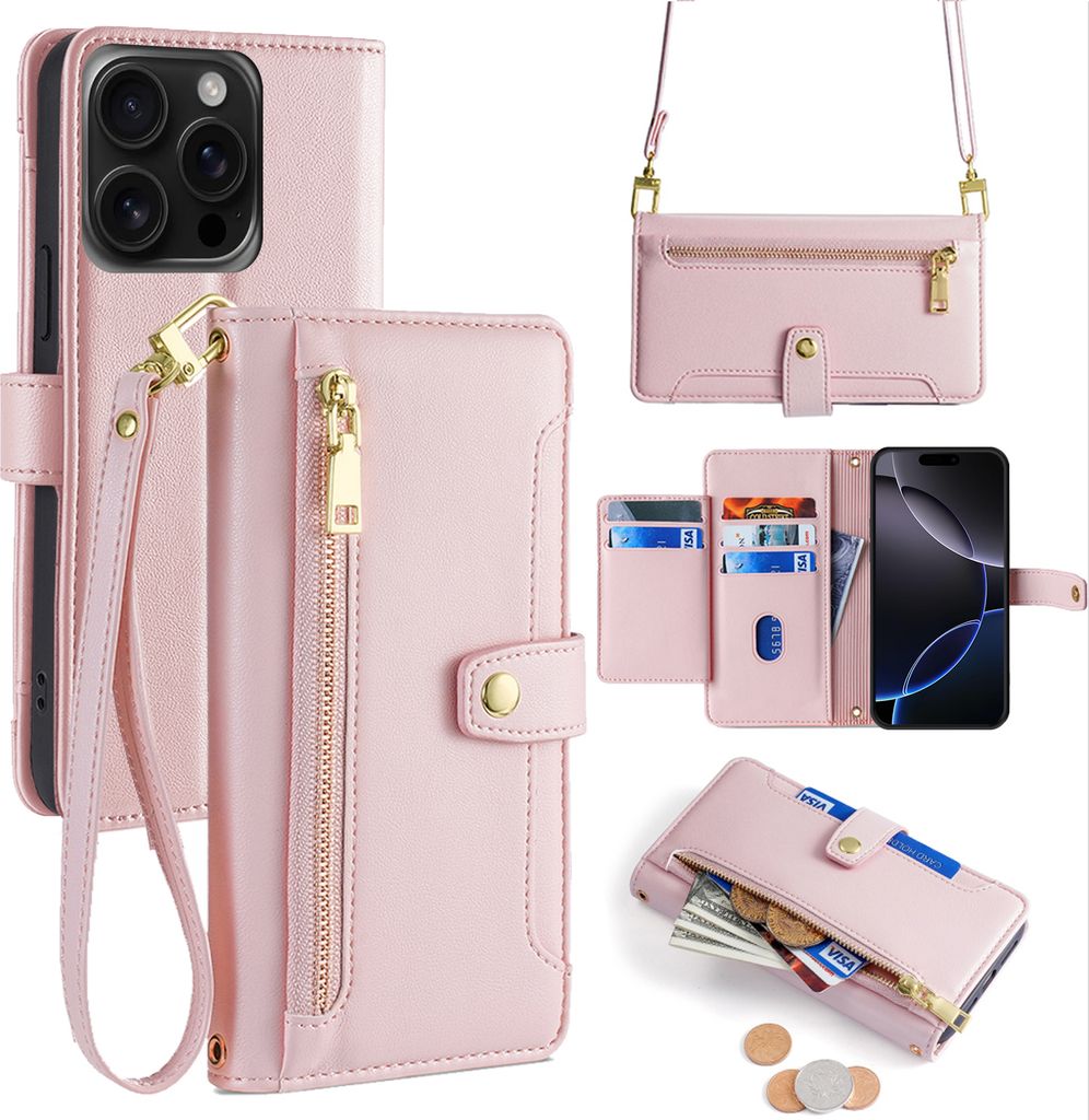 Handykette für iPhone 16 Pro – Kunstleder Hülle mit Band, Kartenfächern & Umhängetasche Rosa