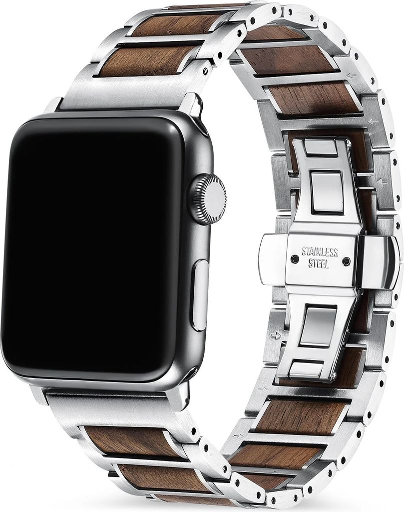 Strap-it Apple Watch Stahl-/Holzarmband (Silber/Braun)