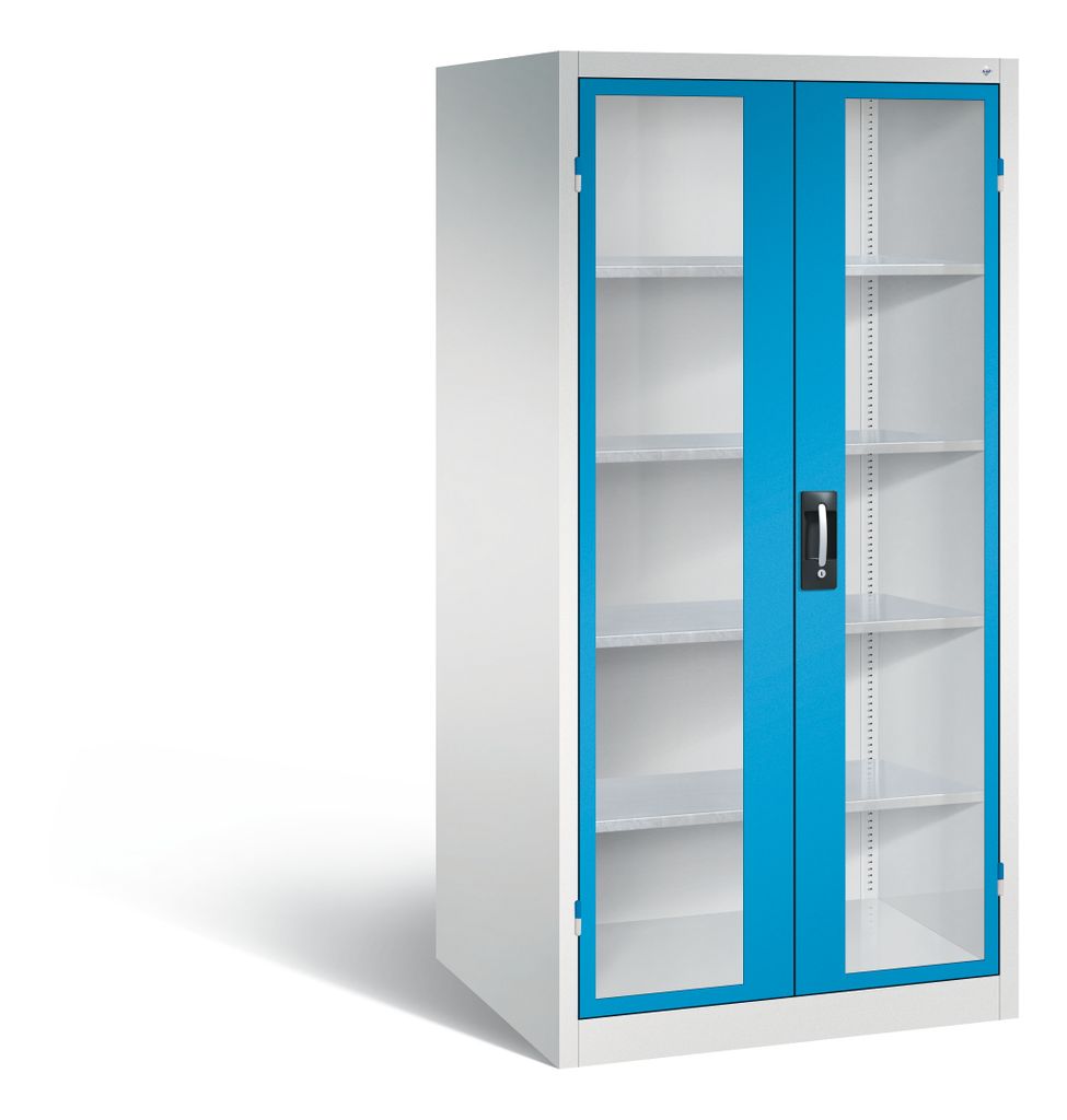 Großraum-Werkzeugschrank mit Sichtfenstertüren, 4 Verstellböden, BxTxH 930x800x1950 mm RAL 7035/5012