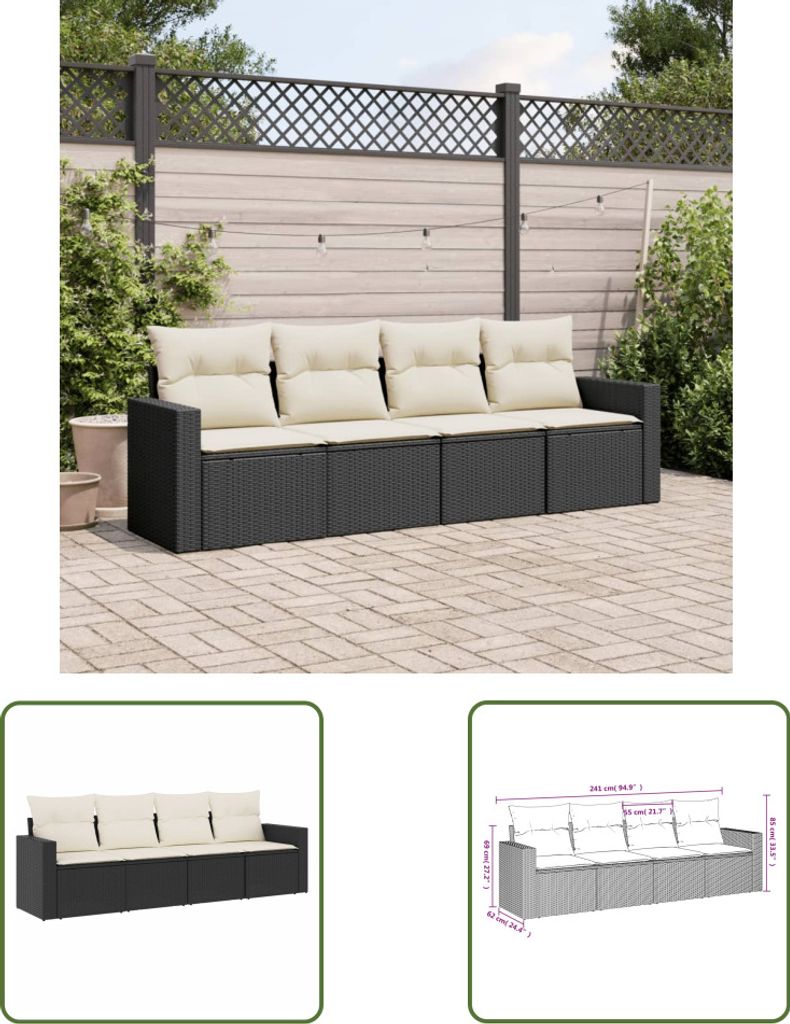 The Living Store 4-tlg. Garten-Sofagarnitur mit Kissen Schwarz Poly Rattan