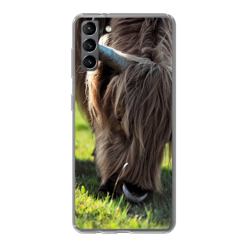 MuchoWow Handyhülle Schutzhülle Hülle für Samsung Galaxy S21 Plus Schottischer Highlander - Hörner - Sonne Silikon Softcase Handy Hülle - H...