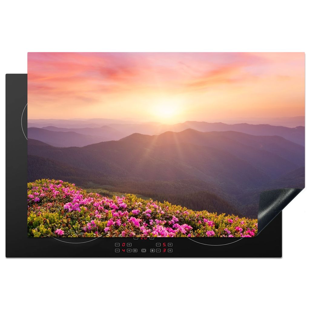KitchenYeah Herdabdeckplatte Regen - Blumen - Sonne - Sonnenuntergang , 78x52cm, Küche Deko, Glaskeramikkochfeld Herdabdeckung, Abdeckplatte fù...