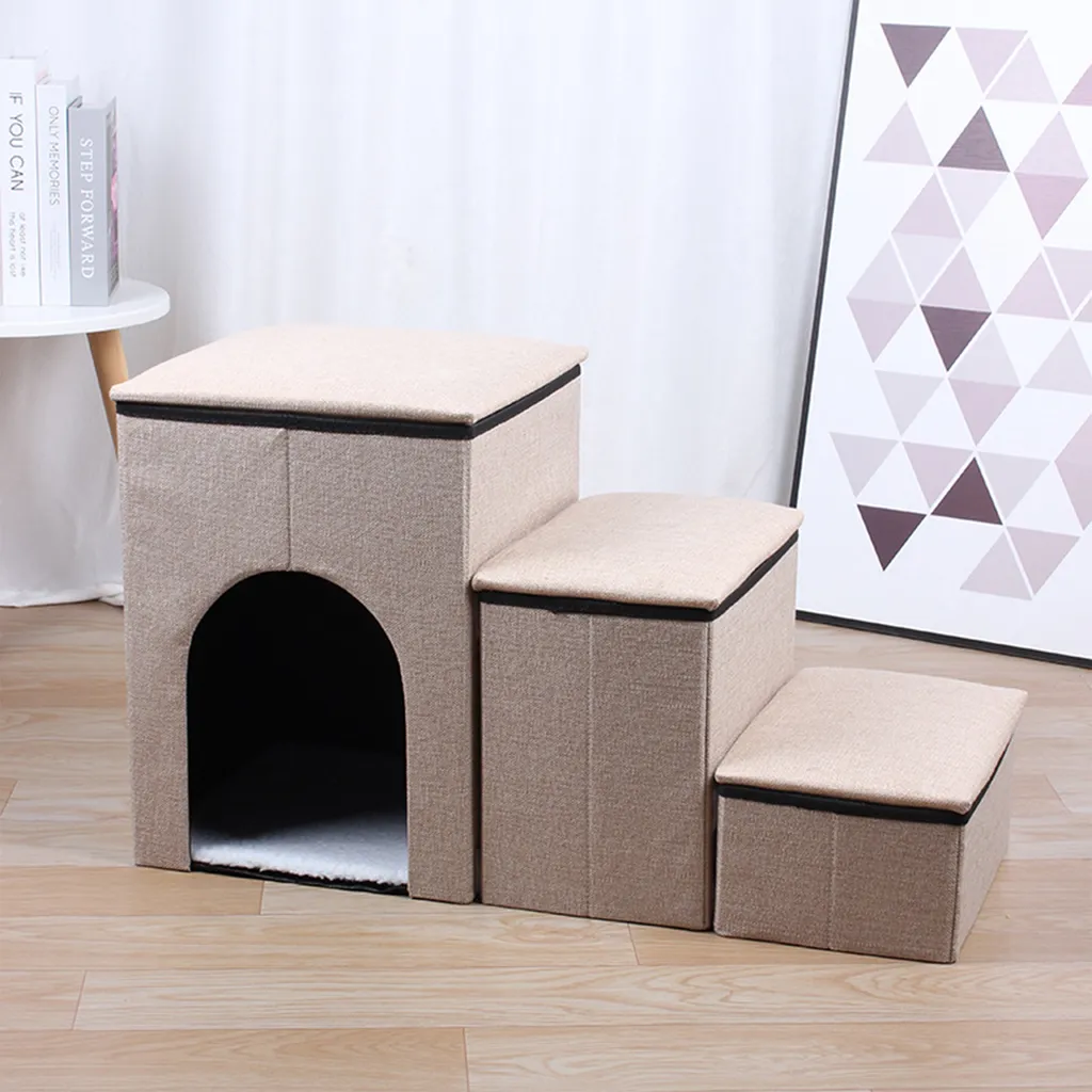 Scala per animali domestici, scala pieghevole per cani, comoda e resistente, scala di design 3 in 1 con spazio di archiviazione e casetta per animali domestici, scala per animali domestici a 3 gradini, rampa antiscivolo per cani, grigio - 9