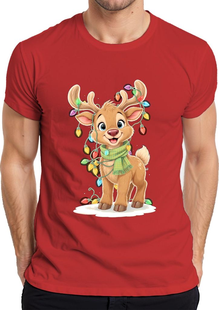 Weihnachtsrentier Niedlich Kinder Weihnachten Lichterkette Cartoon Herren T-Shirt, Rot, S