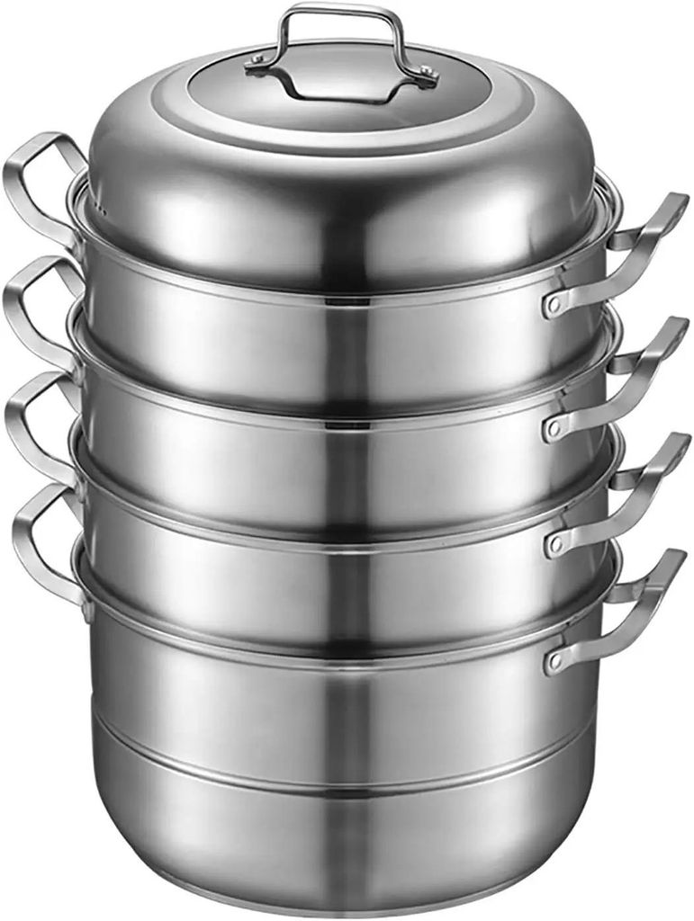 Dampfgarer aus 304 Edelstahl - Stapelbarer 5-stöckiger Kochtopf - Glasdeckel - Durchmesser 32 cm - Rostfrei - Silber