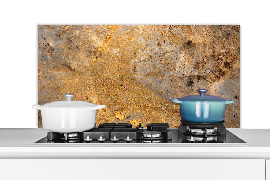 KitchenYeah Spritzschutz Küche - Küchenrückwand - Wandschutz für Herd und Spüle - Metall - Rost - Gold - Grau - Textur 100x50 - Alu-Dibond (...