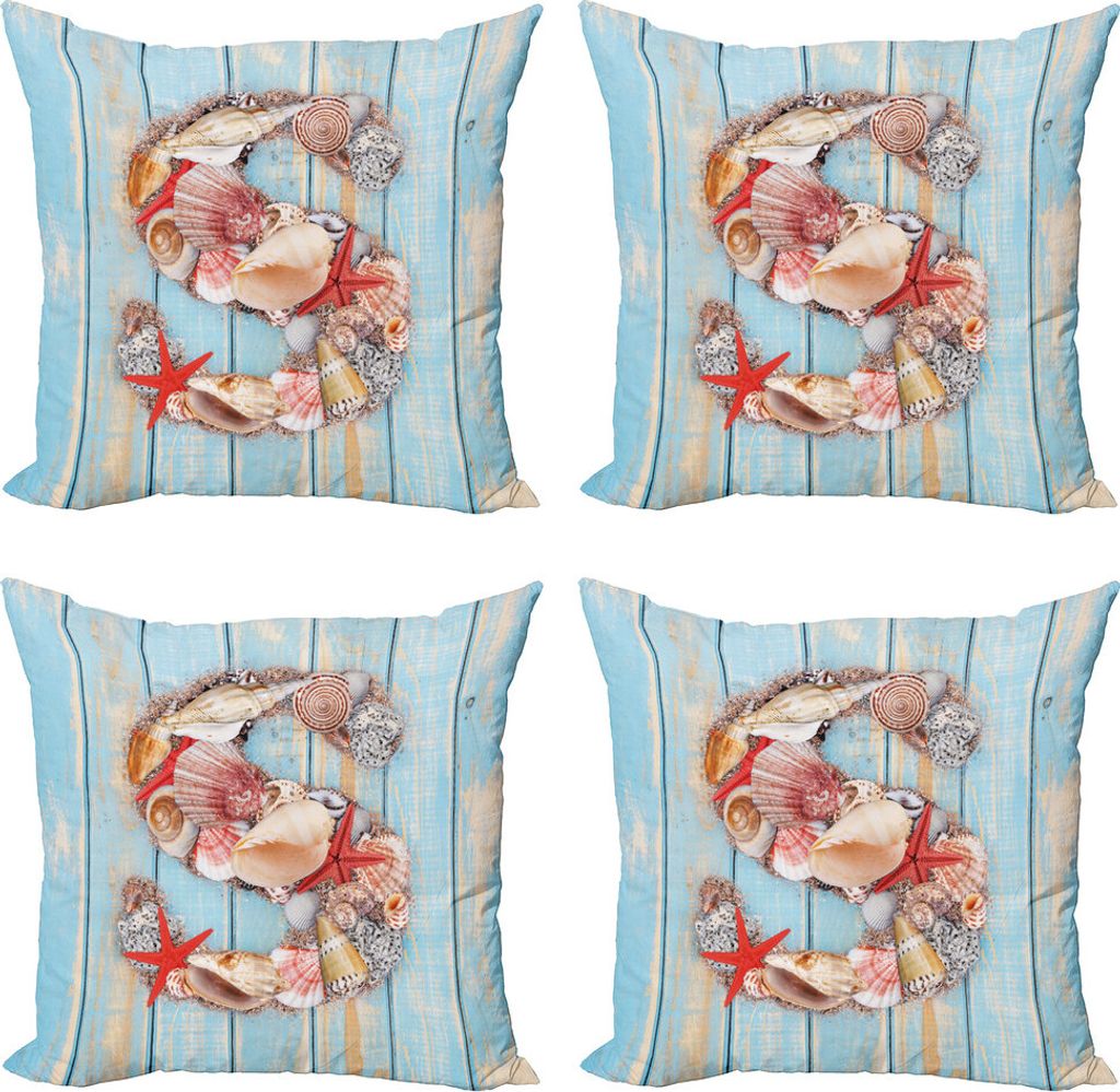 ABAKUHAUS Briefe Kissenbezug Set (4 Stück), S Muscheln Wasser, Moderner Doppelseitiger Digitaldruck, 60 cm x 60 cm, Dunkle Coral Blassblau