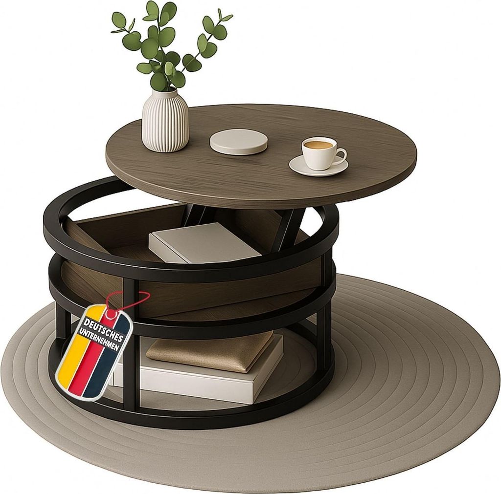 Couchtisch SWING Grau mit verstellbarer Tischplatte & verdecktem Aufbewahrungsfach, Metall & Holz, Beistelltisch für Wohnzimmer, Sofatisch rund mi...