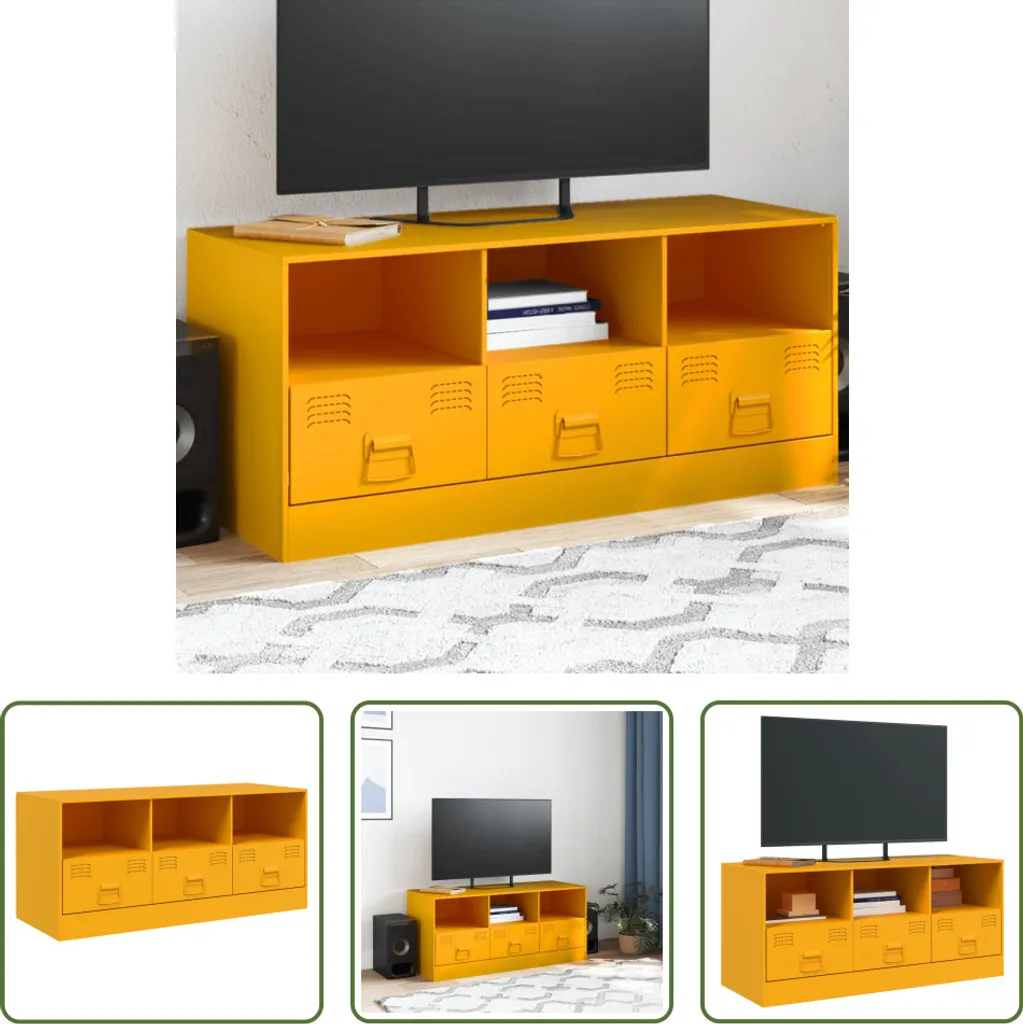 Meuble TV bas en métal jaune moutarde 99cm - Buffet multimédia design
