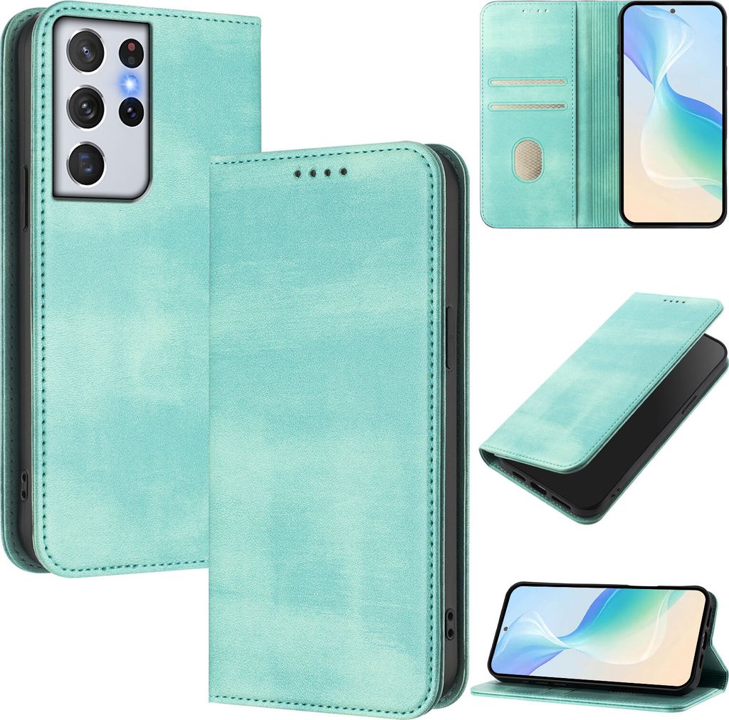 Handyhülle für Samsung Galaxy S21 Ultra 5G, Vintage Leder RFID Schutz Kartenfach Standfunktion Magnetische Klapphülle Türkis