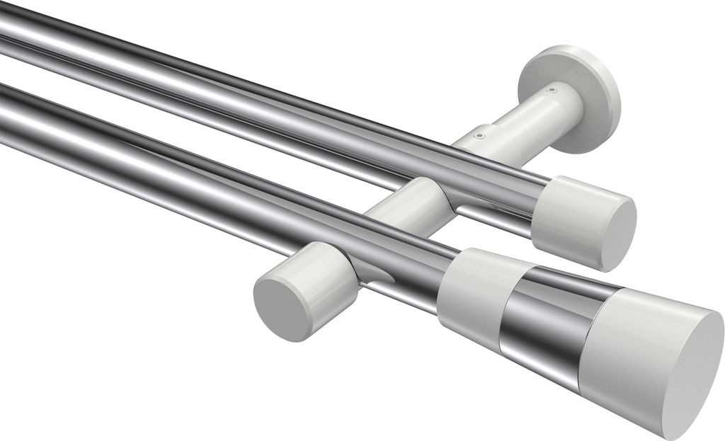 Interdeco Gardinenstange / Vorhangstange Chrom / Weiß, Typ Prestige Tanara (Konus Bicolor) ohne Ringe, 20 mm Ø 2-läufig, 540 cm