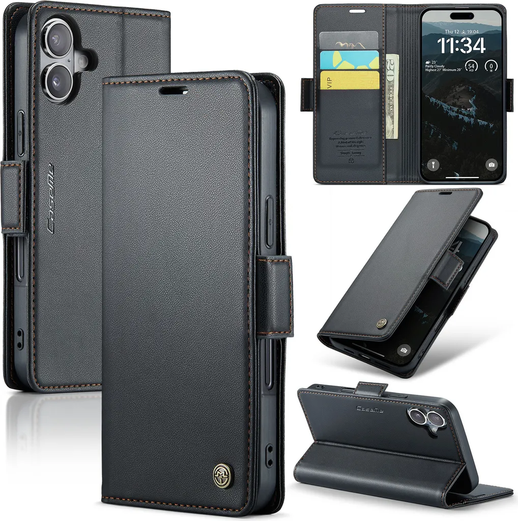 Custodia iPhone 16 Plus RFID - Cover Pelle Nera Anti-Caduta Stand