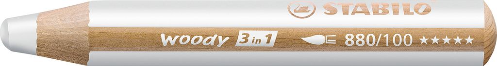 A close-up view of a white and brown STABILO woody 3-in-1 pencil.