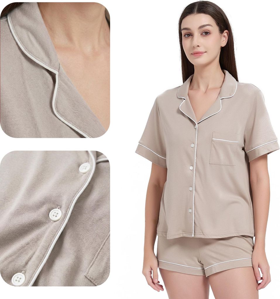 Zweiteiliger Mädchenpyjama, Kostüm, kurzes Outfit, taupefarben mit weißer Spitze, Größe M