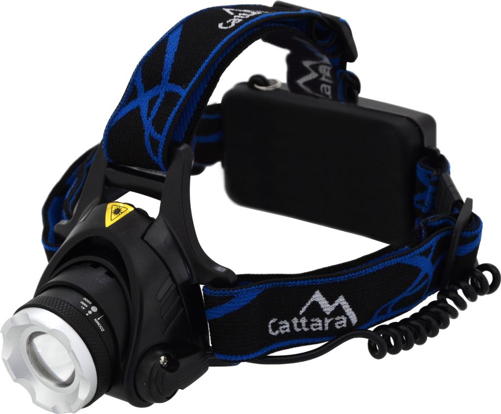 A black and silver Cattara LED headlamp with a blue patterned strap is shown against a white background.