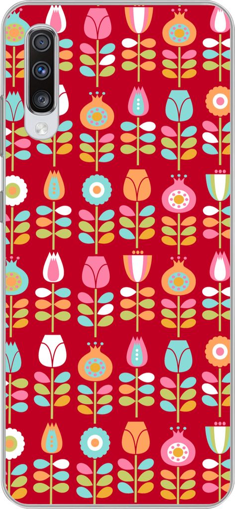 MuchoWow Handyhülle Schutzhülle Hülle für Telefoonhoesje Samsung Galaxy A70 Muster - Blumen - Retro - Rot Silikon Softcase Handy Hülle - Sch...